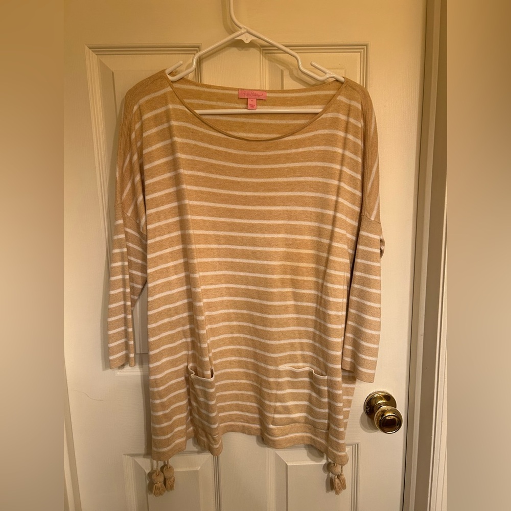 Lilly Pulitzer Tan and White Striped Sweater with Tassels, M